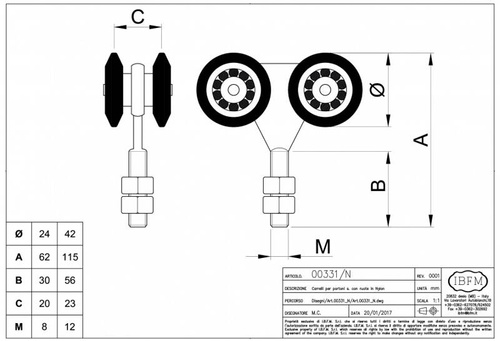 Wózek 4-kołowy IBFM do szyny nośnej 33x34 mm, typ 331N z trzpieniem gwintowanym M8, koła nylonowe