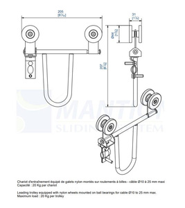 Prowadzący wózek 4-kołowy do kabli okrągłych MANTION 2453R, koła nylonowe