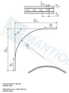 Łuk szyny płaskownikowej 90° MANTION 1722, promień 500 mm, odcinki proste 200 mm, ocynk