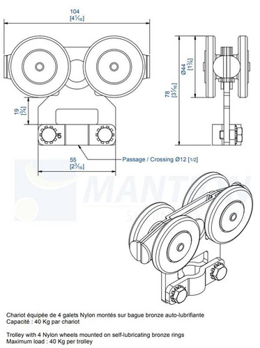 Wózek 4-kołowy do haków MANTION 0852, ocynk