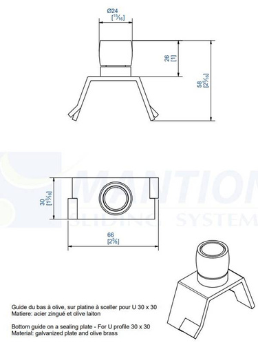 Dolna rolka prowadząca do wbetonowania MANTION 1100, mosiądz