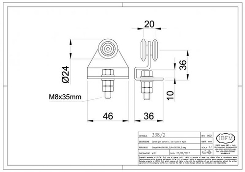 Wózek 2-kołowy gięty IBFM do szyny nośnej 33x34 mm, typ 338/2 z trzpieniem gwintowanym M8
