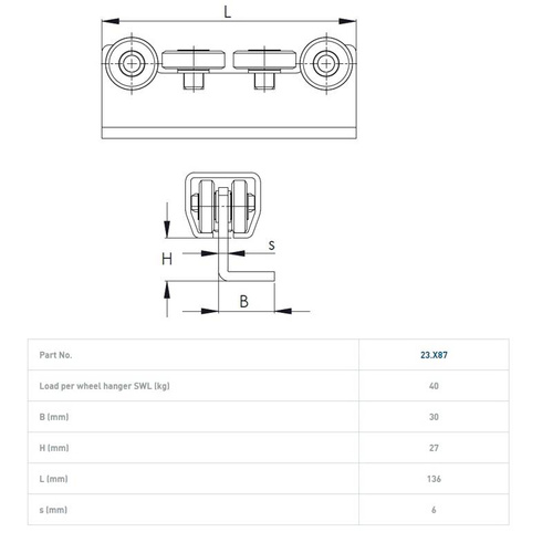 Wózek 4-kołowy do kurtyn samochodowych NIKO 23.X87, ocynk