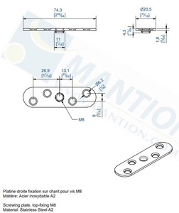 Płytka montażowa do skrzydeł drewnianych MANTION 0026XA2, stal nierdzewna AISI 304
