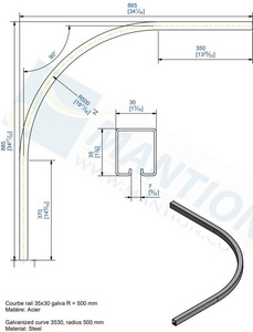 Łuk szyny nośnej 90° MANTION SPORTUB 3530C, promień 500 mm, odcinki proste 350 + 370 mm, ocynk