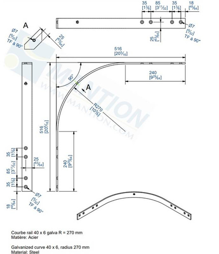 Łuk szyny płaskownikowej 90° MANTION 1701, promień 270 mm, odcinki proste 240 mm, ocynk