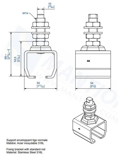 Uchwyt sufitowy zakończony trzpieniem MANTION 9031XA4, stal kwasoodporna AISI 316