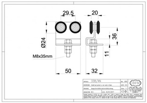 Wózek 4-kołowy gięty IBFM do szyny nośnej 33x34 mm, typ 338/4N z trzpieniem gwintowanym M8, koła nylonowe