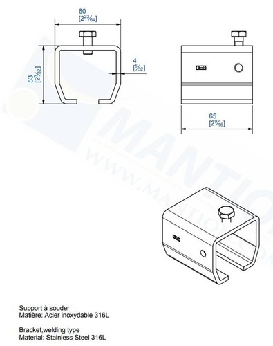 Uchwyt sufitowy do wspawania MANTION 9048XA4, stal kwasoodporna AISI 316