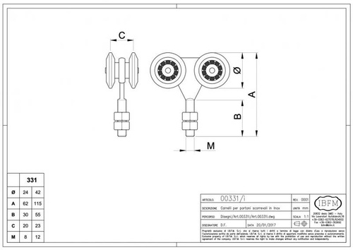 Wózek 4-kołowy IBFM do szyny nośnej 33x34 mm, typ 331/I z trzpieniem gwintowanym M8, stal nierdzewna AISI 304