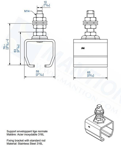 Uchwyt sufitowy zakończony trzpieniem MANTION 9041XA4, stal kwasoodporna AISI 316