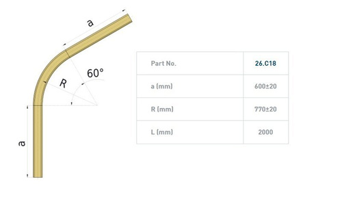 Łuk szyny nośnej 60° NIKO 26.C18, promień 770±20 mm, odcinki proste 600±20 mm, ocynk