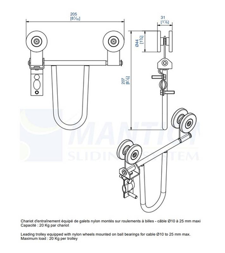 Prowadzący wózek 4-kołowy do kabli okrągłych MANTION 2453R, koła nylonowe