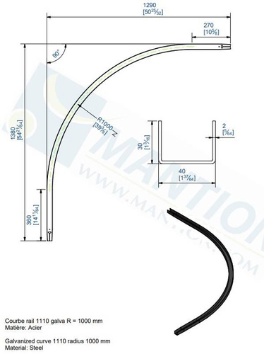Dolny łuk 90° MANTION 1113C, promień 1000 mm, odcinki proste 360 + 270 mm, ocynk