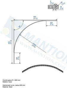Łuk szyny płaskownikowej 90° MANTION 1722L, promień 600 mm, odcinki proste 200 mm, ocynk