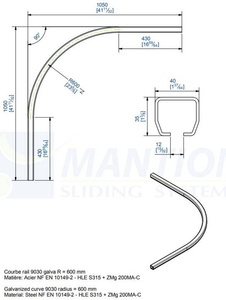 Łuk szyny nośnej 90° MANTION HERCULE 9030C, promień 600 mm, odcinki proste 430 mm, ocynk