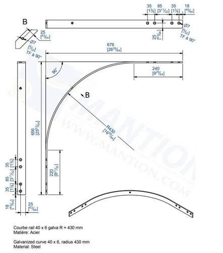 Łuk szyny płaskownikowej 90° MANTION 1702, promień 430 mm, odcinki proste 220+240 mm, ocynk