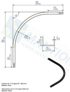 Dolny łuk 90° MANTION 1111C, promień 600 mm, odcinki proste 360 + 270 mm, ocynk