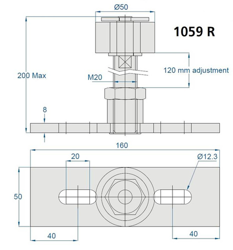 Wzmocniony regulowany prowadnik dolny MANTION 1059R, ocynk