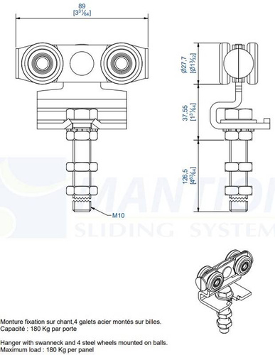Wózek 4-kołowy  z przedłużonym trzpieniem MANTION 9232L, ocynk