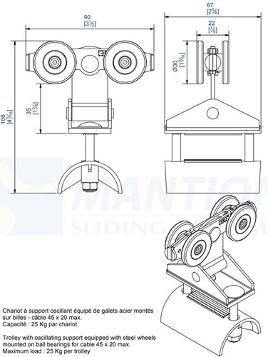 Wózek 4-kołowy z mocowaniem wahliwym do kabli płaskich MANTION 2432P, koła nylonowe