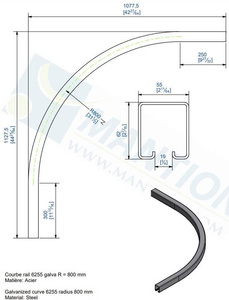 Łuk szyny nośnej 90° MANTION SPORTUB 6255C, promień 800 mm, odcinki proste 250 + 300 mm, ocynk