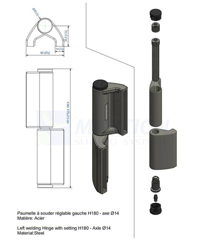 Lewy zawias do wspawania MANTION 1514GJSOL, Ø14 mm, stal czarna