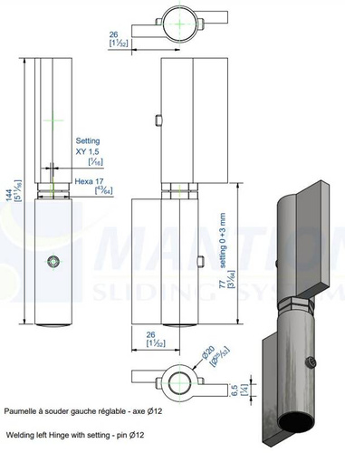 Zawias do wspawania MANTION 1512SOF3DG, Ø12 mm, stal czarna