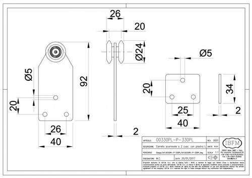 Wózek 2-kołowy IBFM do szyny nośnej 33x34 mm, typ 330PL z szeroką płytą mocującą do kurtyn