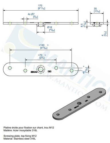 Płytka montażowa do skrzydeł drewnianych MANTION 0056XA4, stal kwasoodporna AISI 316