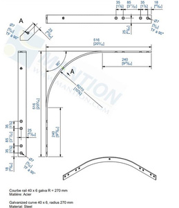 Łuk szyny płaskownikowej 90° MANTION 1701, promień 270 mm, odcinki proste 240 mm, ocynk
