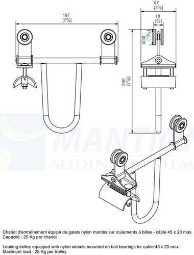 Prowadzący wózek 4-kołowy do kabli płaskich MANTION 2433P, koła nylonowe