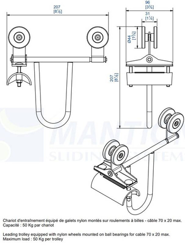 Prowadzący wózek 4-kołowy do kabli płaskich MANTION 2453P, koła nylonowe