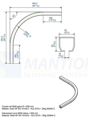 Łuk szyny nośnej 90° MANTION HERCULE 9050C, promień 600 mm, odcinki proste 350 mm, ocynk