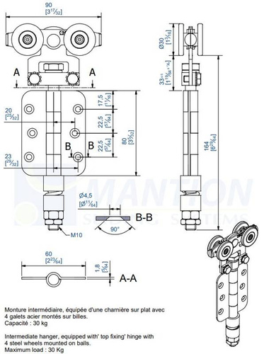 Wózek 4-kołowy z zawiasem MANTION 0332, ocynk