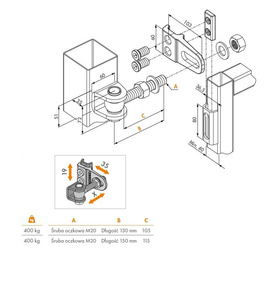 Regulowany w czterech kierunkach zawias 180° Locinox GBMU4D20, M20