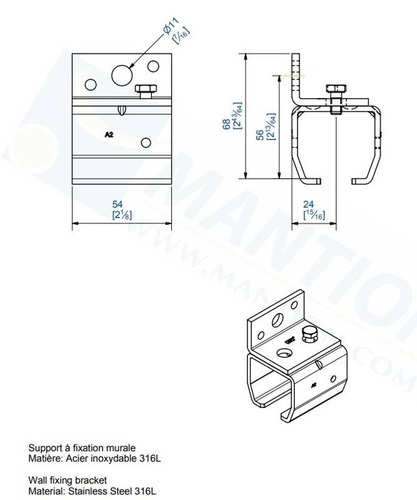 Uchwyt ścienny MANTION 9038VXA4, stal kwasoodporna AISI 316