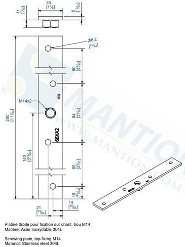 Płytka montażowa do skrzydeł drewnianych MANTION 0066XA2, stal nierdzewna AISI 304
