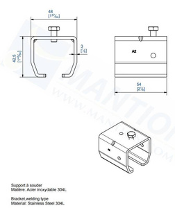 Uchwyt sufitowy do wspawania MANTION 9038XA2, stal nierdzewna AISI 304