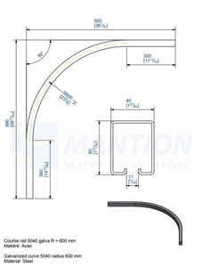 Łuk szyny nośnej 90° MANTION SPORTUB 5040C, promień 600 mm, odcinki proste 300 + 360 mm, ocynk