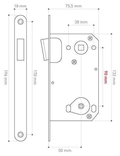 Zamek wpuszczany magnetyczny METAL-BUD 90/50, typ portugalski