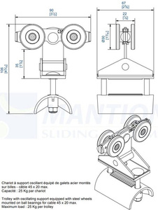 Wózek 4-kołowy z mocowaniem wahliwym do kabli płaskich MANTION 2432P, koła nylonowe