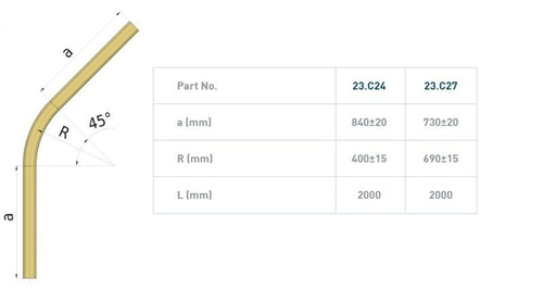 Łuk szyny nośnej 45° NIKO 53.C27, promień 690±15 mm, odcinki proste 730±20 mm, stal nierdzewna AISI 304