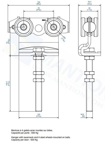 Wózek 4-kołowy z przedłużonym trzpieniem MANTION 9252L, ocynk