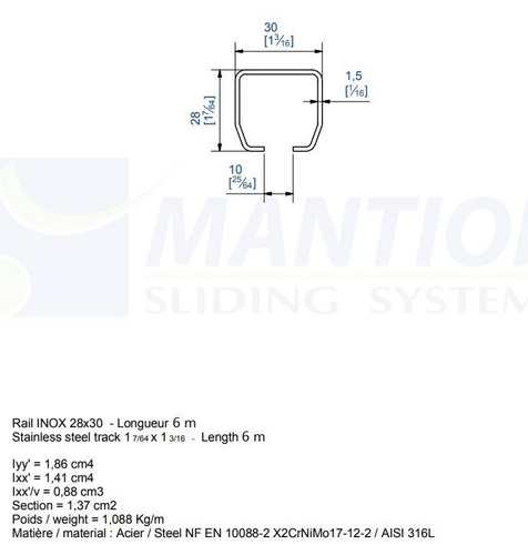 Szyna nośna MANTION HERCULE 9010 XA2, stal nierdzewna AISI 304