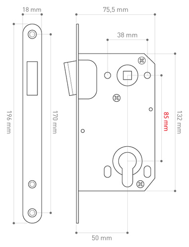 Zamek wpuszczany magnetyczny METAL-BUD 85/50, typ portugalski